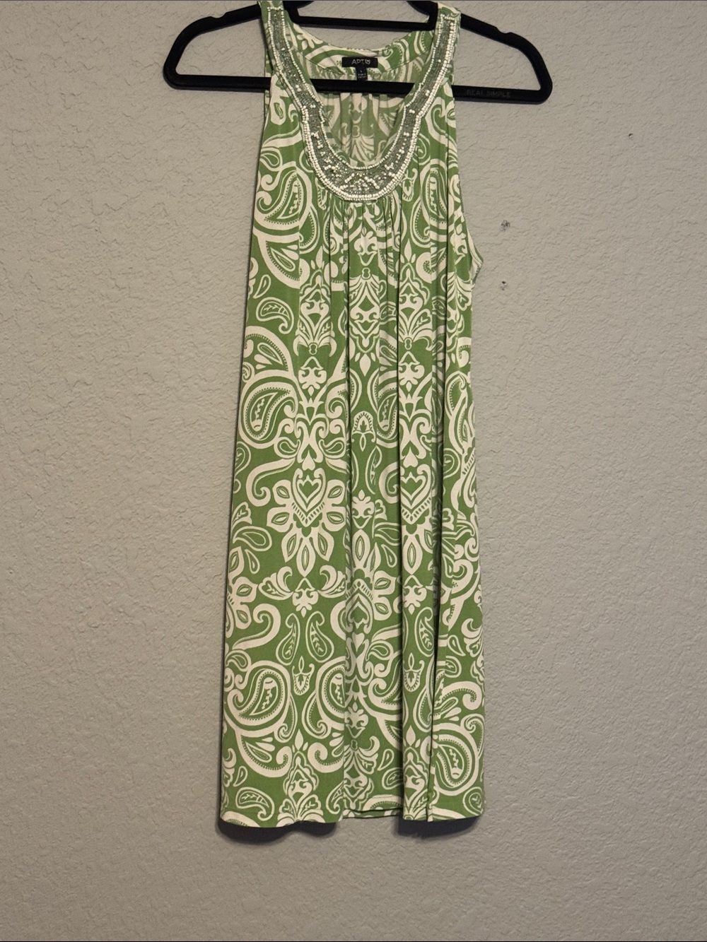 Apt. 9 Green and White Paisley Beaded Neckline Asymmetrical Dress